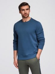 Męska bluza dresowa BASIC z okrągłym dekoltem - granatowa V4 - Rozmiar: L. Niebieskie bluzy nierozpinane męskie Ombre Clothing, l, bez wzorów, z bawełny, bez ramiączek, bez kaptura. W wyprzedaży za 94.89 zł.