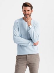 Melanżowy sweter męski ze strukturalnej dzianiny – błękitny V2 - Rozmiar: XL. Niebieskie swetry męskie Ombre Clothing, bez wzorów, z bawełny, bez kołnierzyka, bez ramiączek. W wyprzedaży za 89.99 zł.