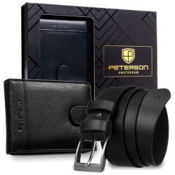 Zestaw prezentowy: skórzany portfel męski w czarnym kolorze zapinany zatrzaskiem i czarny pasek ze skóry ekologicznej - Peterson. Czarne portfele męskie Peterson, bez wzorów, ze skóry ekologicznej. Za 109.00 zł.