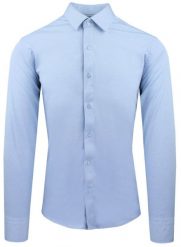 Męska Koszula z Dzianinowej Tkaniny - Krój Taliowany - Błękit. Niebieskie koszule męskie Pazzani, m, bez wzorów, z bawełny, bez kołnierzyka, bez ramiączek. Za 199.00 zł.