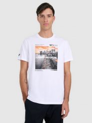 4F T-shirt regular z nadrukiem męski - biały XXL. Białe t-shirty męskie 4f, m, bez wzorów, z bawełny, bez kołnierzyka, bez ramiączek. W wyprzedaży za 59.99 zł.