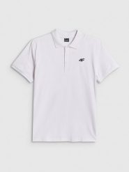 4F Koszulka polo regular męska - biała S. Białe koszulki polo męskie 4f, m, bez wzorów, z bawełny, biznesowe, bez kołnierzyka, bez ramiączek. Za 89.99 zł.