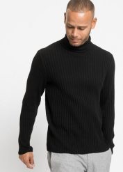 Sweter z golfem, z prążkowanej bawełny z recyklingu. Czarne swetry męskie bonprix, bez wzorów, z bawełny, bez kołnierzyka, bez ramiączek. Za 109.99 zł.