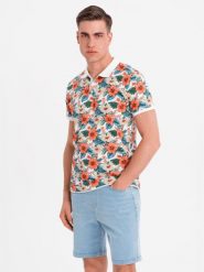 Koszulka polo bawełniana z nadrukiem w kwiaty biała V1 OM-POSS-0149 S. Białe koszulki polo męskie Ombre, m, bez wzorów, z bawełny, bez kołnierzyka, bez ramiączek. Za 105.88 zł.