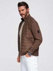 Lekka rozpinana męska kurtka z pikowanym przodem – brązowa V3 - Rozmiar: S. Brązowe kurtki męskie Ombre Clothing, m, bez wzorów, z bawełny, eleganckie, bez ramiączek, bez kaptura. W wyprzedaży za 179.99 zł.