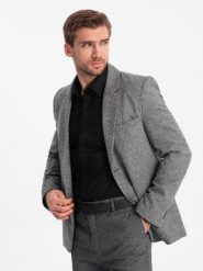 Męska marynarka casual z ozdobnym pinem na klapie - szary melanż V1 - Rozmiar: L. Szare marynarki męskie Ombre Clothing, l, bez wzorów, z poliesteru. W wyprzedaży za 139.99 zł.