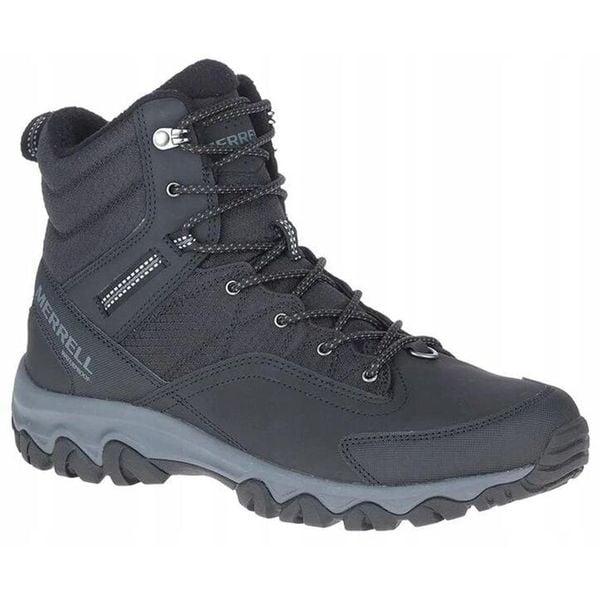 Buty trekkingowe dla mężczyzn Merrell Thermo Akita WP. Czarne buty trekkingowe męskie Merrell, bez wzorów, sportowe, bez obcasa, bez zapięcia. Za 499.00 zł.