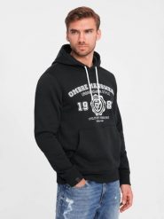 Bluza męska kangurka z kapturem i nadrukiem w stylu college – czarna V3 - Rozmiar: XXL. Czarne bluzy nierozpinane męskie Ombre Clothing, m, bez wzorów, z bawełny, z kapturem. W wyprzedaży za 99.99 zł.