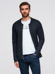 Sweter męski gładki na zamek – granatowy V1 - Rozmiar: XL. Niebieskie swetry męskie Ombre Clothing, bez wzorów, z dzianiny, bez kołnierzyka, bez ramiączek. Za 239.99 zł.