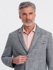 Marynarka męska o kroju REGULAR z lnem - grafitowa V5 - Rozmiar: S. Szare marynarki męskie Ombre Clothing, l, bez wzorów, z materiału. W wyprzedaży za 249.99 zł.