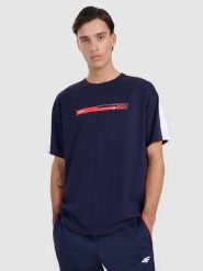4F T-shirt oversize z nadrukiem męski - granatowy XXL. Niebieskie t-shirty męskie 4f, m, bez wzorów, z bawełny, bez kołnierzyka, bez ramiączek. W wyprzedaży za 59.99 zł.