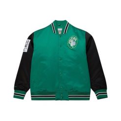 Kurtka Mitchell & Ness NBA Primetime Satynowe Logo Celtics zielona. Zielone kurtki męskie Mitchell & Ness, bez wzorów, z satyny, bez ramiączek, bez kaptura. Za 676.76 zł.