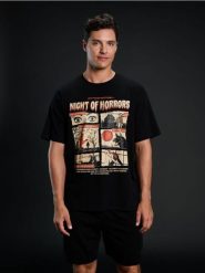 Piżama oversize z nadrukiem halloweenowym - wielobarwny. Piżamy męskie Sinsay, l, bez wzorów, bez kołnierzyka, bez ramiączek. Za 39.99 zł.