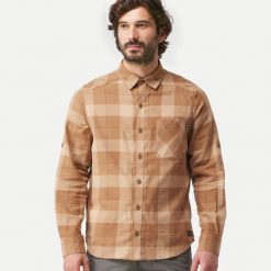 Koszula męska, Travel 100 Warm. Brązowe koszule męskie FORCLAZ, m, bez wzorów, z bawełny, bez kołnierzyka, bez ramiączek. Za 119.99 zł.