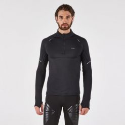 Bluza do biegania męska Kiprun Run 500 Warm ocieplana. Czarne bluzy nierozpinane męskie KIPRUN, m, bez wzorów, z elastanu, sportowe, bez ramiączek, bez kaptura. Za 99.99 zł.