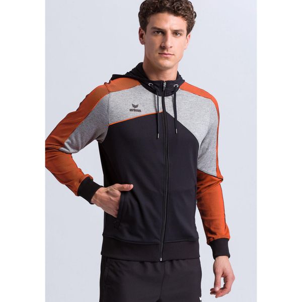 Kurtka z kapturem Erima Premium One 2.0. Czarne kurtki męskie Erima, bez wzorów, sportowe, bez ramiączek, z kapturem. W wyprzedaży za 239.35 zł.