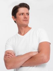 Klasyczna męska bawełniana koszulka z dekoltem w serek BASIC - biała V4 - Rozmiar: 3XL. Białe t-shirty męskie Ombre Clothing, m, bez wzorów, z bawełny, bez kołnierzyka, bez ramiączek. W wyprzedaży za 24.99 zł.