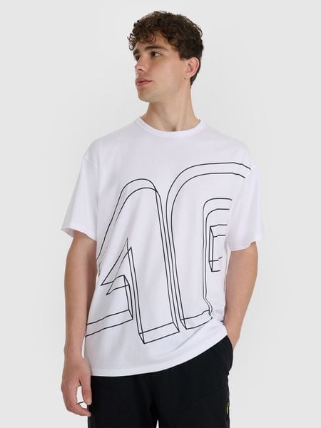 4F T-shirt oversize z nadrukiem męski - biały XS. Białe t-shirty męskie 4f, m, bez wzorów, z bawełny, bez kołnierzyka, bez ramiączek. W wyprzedaży za 59.99 zł.