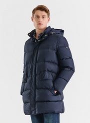 PAKO LORENTE – Granatowa długa pikowana kurtka. Kurtki męskie Pako Lorente, na zimę, m, bez wzorów, z puchu, klasyczne, bez ramiączek, bez kaptura. Za 499.99 zł.