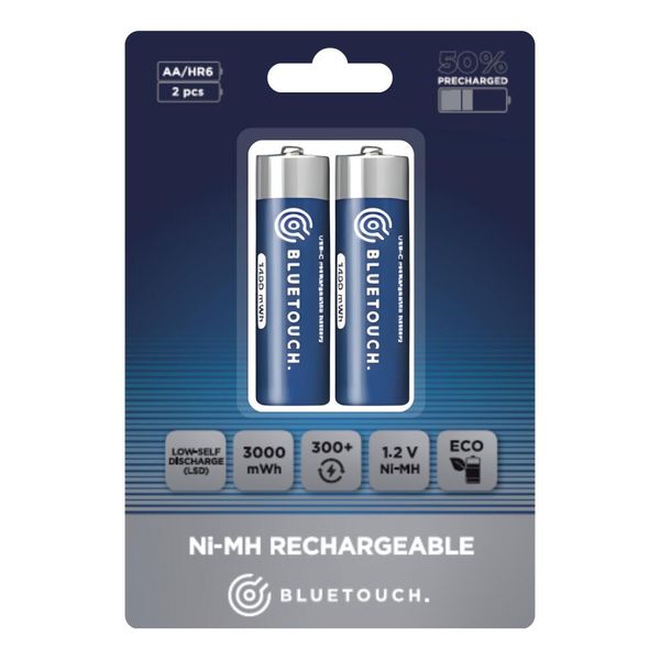 Klasyczne akumulatory BLUETOUCH; typ AA, 3000 mWh. Niebieskie sztyblety męskie BLUETOUCH, bez obcasa, bez zapięcia. Za 26.90 zł.