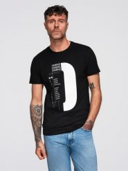 Męska koszulka z dużym printem – czarna V3 - Rozmiar: S. Czarne t-shirty męskie Ombre Clothing, m, bez wzorów, z bawełny, bez kołnierzyka, bez ramiączek. W wyprzedaży za 81.24 zł.
