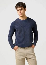 WRANGLER MĘSKA SWETER WRANGLER CREWNECK SWEATER NAVY 112364288. Niebieskie swetry męskie Wrangler, bez wzorów, bez kołnierzyka, bez ramiączek. Za 179.99 zł.