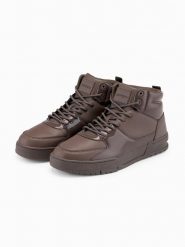 Buty męskie wysokie sneakersy z połyskującymi elementami – ciemnobrązowe V3. Brązowe buty sportowe na co dzień męskie Ombre Clothing, m, z aplikacjami, z gumy, bez ramiączek, bez kaptura. W wyprzedaży za 187.49 zł.