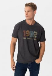 Koszulka z printem, Comfort Fit, T-RETRO. Szare t-shirty męskie Volcano, m, bez wzorów, z bawełny, bez kołnierzyka, bez ramiączek. Za 69.99 zł.