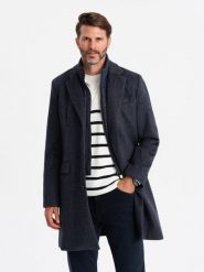 Rozpinany męski płaszcz z wełną – granatowy V1 - Rozmiar: XL. Niebieskie płaszcze męskie Ombre Clothing, na zimę, m, bez wzorów, z materiału, eleganckie, bez kaptura. W wyprzedaży za 547.49 zł.