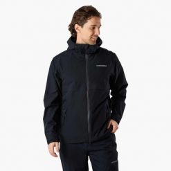 Kurtka przeciwdeszczowa turystyka męska Swedemount Tjörn Rain Jacket wodoodporny. Czarne kurtki męskie SWEDEMOUNT, m, bez wzorów, bez ramiączek, bez kaptura. W wyprzedaży za 297.00 zł.