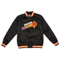 Lekka satynowa kurtka Phoenix Suns. Czarne kurtki męskie Mitchell & Ness, bez wzorów, z satyny, sportowe, bez ramiączek, bez kaptura. Za 477.50 zł.