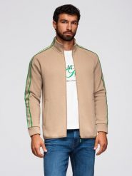 Bluza męska rozpinana z lampasami i wysoką stójką – brązowa V1 - Rozmiar: L. Brązowe bluzy rozpinane męskie Ombre Clothing, l, bez wzorów, z bawełny, sportowe, bez ramiączek, bez kaptura. Za 209.99 zł.