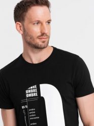 T-shirt męski bawełniany z nadrukiem - czarny V3. Czarne t-shirty męskie Ombre Clothing, m, bez wzorów, z bawełny, bez kołnierzyka, bez ramiączek. W wyprzedaży za 19.99 zł.