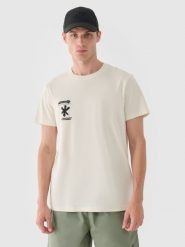 4F T-shirt regular z nadrukiem męski - beżowy M. Brązowe t-shirty męskie 4f, m, bez wzorów, z bawełny, bez kołnierzyka, bez ramiączek. W wyprzedaży za 29.99 zł.