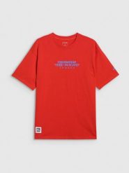 4F T-shirt loose z nadrukiem męski - czerwony XL. Czerwone t-shirty męskie 4f, m, bez wzorów, z materiału, bez kołnierzyka, bez ramiączek. Za 69.99 zł.