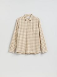 Koszula regular z lnem - beżowy. Brązowe koszule męskie Reserved, l, bez wzorów, z tkaniny, bez kołnierzyka, bez ramiączek. Za 129.99 zł.