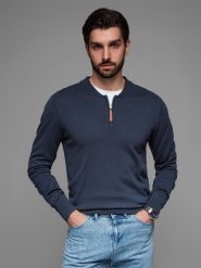 Sweter męski z wiskozą i rozpinanym dekoltem – granatowy V4 - Rozmiar: S. Niebieskie swetry męskie Ombre Clothing, z aplikacjami, z dzianiny, eleganckie, bez kołnierzyka, bez ramiączek. W wyprzedaży za 142.49 zł.