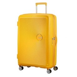 Walizka turystyczna Soundbox Spinner 77 TSA EXP 97L. Żółte walizki męskie American Tourister, bez wzorów. W wyprzedaży za 766.30 zł.