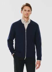PAKO LORENTE – Sweter męski rozpinany w granatowym kolorze. Kardigany męskie Pako Lorente, bez wzorów, z bawełny, bez kołnierzyka, bez ramiączek. Za 119.99 zł.