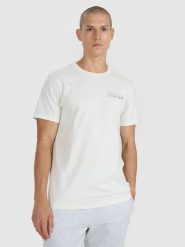 4F T-shirt regular z nadrukiem męski - biały L. Białe t-shirty męskie 4f, l, bez wzorów, z bawełny, bez kołnierzyka, bez ramiączek. Za 59.99 zł.