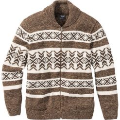 Sweter rozpinany norweski z domieszką wełny Regular Fit bonprix ciemnobrązowo-beżowy wzorzysty. Kardigany męskie marki bonprix. Za 59.99 zł.
