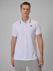 4F Koszulka polo regular męska - biała L. Białe koszulki polo męskie 4f, l, bez wzorów, z dzianiny, biznesowe, bez kołnierzyka, bez ramiączek. Za 99.99 zł.