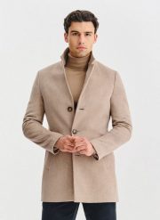 PAKO LORENTE – Beżowy płaszcz z wełną. Brązowe płaszcze męskie Pako Lorente, na zimę, m, bez wzorów, z poliesteru, bez kaptura. Za 699.99 zł.