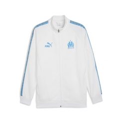 Męska kurtka Olympique Marsylia KING Anthem PUMA White Bleu Azur Blue. Białe kurtki treningowe męskie Puma, m, w ażurowe wzory, bez kaptura, do biegania. Za 384.50 zł.