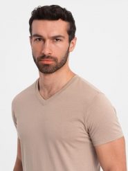 Męska klasyczna bawełniana koszulka z dekoltem w serek BASIC – popielata V21 - Rozmiar: 3XL. Szare t-shirty męskie Ombre Clothing, m, bez wzorów, z bawełny, bez kołnierzyka, bez ramiączek. W wyprzedaży za 24.99 zł.