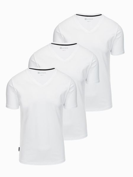 Komplet koszulek z dekoltem V i elastanem oraz subtelnym logotypem 3-pak – 3x biały V2. Białe t-shirty męskie Ombre Clothing, m, bez wzorów, z bawełny, bez kołnierzyka, bez ramiączek. Za 169.99 zł.