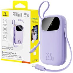 Powerbank Baseus 20000 mAh 22.5W USB-C USB-A wbudowane kable USB-C lightning. Fioletowe powerbanki Baseus. Za 129.00 zł.