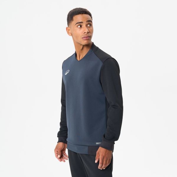 Bluza do piłki nożnej T100. Czarne bluzy nierozpinane męskie KIPSTA, s, bez wzorów, z elastanu, eleganckie, bez ramiączek, bez kaptura. W wyprzedaży za 44.99 zł.