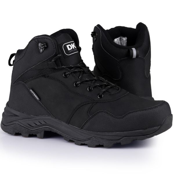 Buty męskie wysokie trekkingowe górskie DK DIABOLO. Czarne buty sportowe na co dzień męskie DK, bez wzorów, bez zapięcia. Za 179.00 zł.