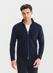 PAKO LORENTE - Rozpinany kardigan w kolorze granatowym. Niebieskie kardigany męskie Pako Lorente, bez wzorów, z poliamidu, bez kołnierzyka, bez ramiączek. Za 399.99 zł.